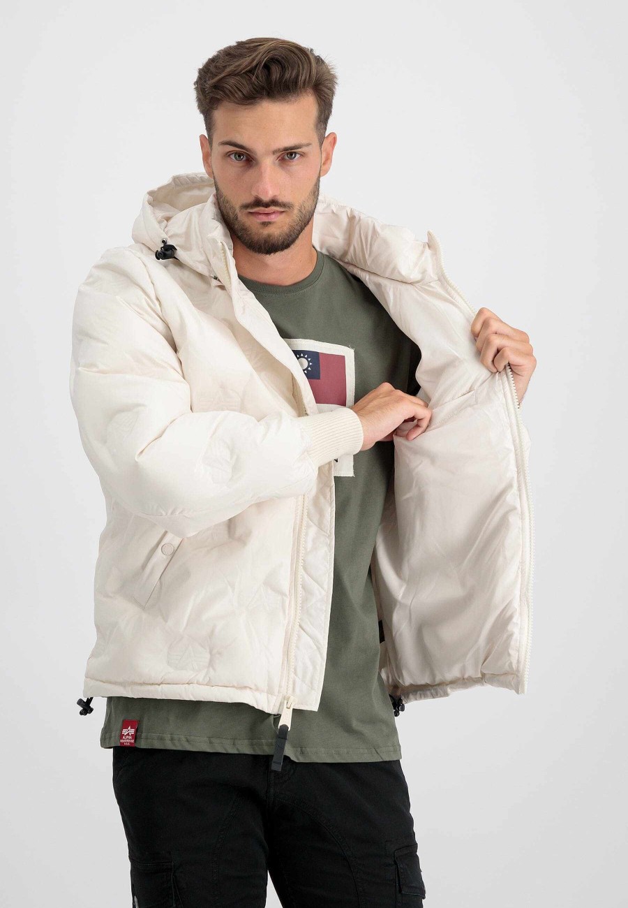 Men Alpha Industries Outerwear | Hooded Logo Puffer White